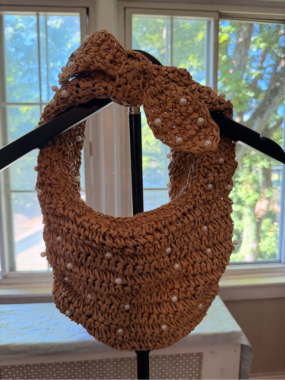 Handwoven Raffia Pearl-Accent Bag - Camel